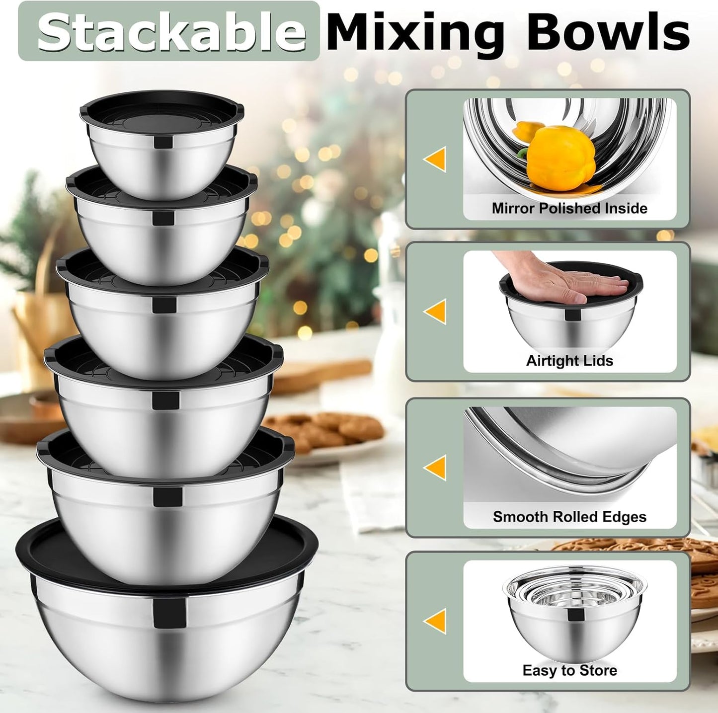 P&P CHEF Mixing Bowls with Lids Set of 6, Stainless Steel Nesting Salad Bowl & 3 Grater Attachments for Prepping Storing, 4.6/2.6/2/1.5/1/0.7 QT, Khaki