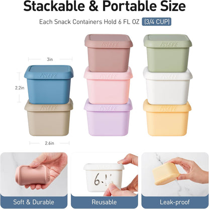 ISSEVE 8Pack 6oz Silicone Snack Containers for Kids, Reusable Small Containers with Lids, Leak Proof Silicone Food Storage Containers, Stackable Kids Lunch Box for Daycare, School, Travel