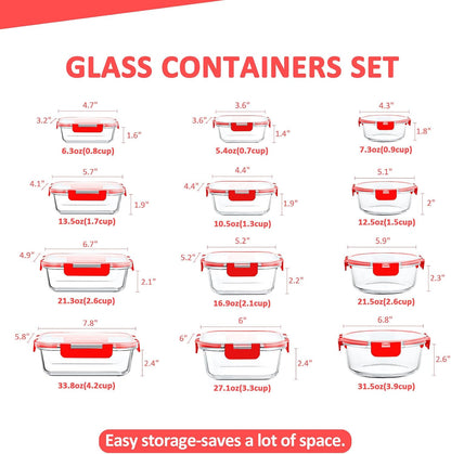 KOMUEE 24 Pieces Glass Food Storage Containers Set, Meal Prep Containers-Stackable Airtight Glass Storage Containers with lids,Freezer, Microwave, Oven Safe,Green