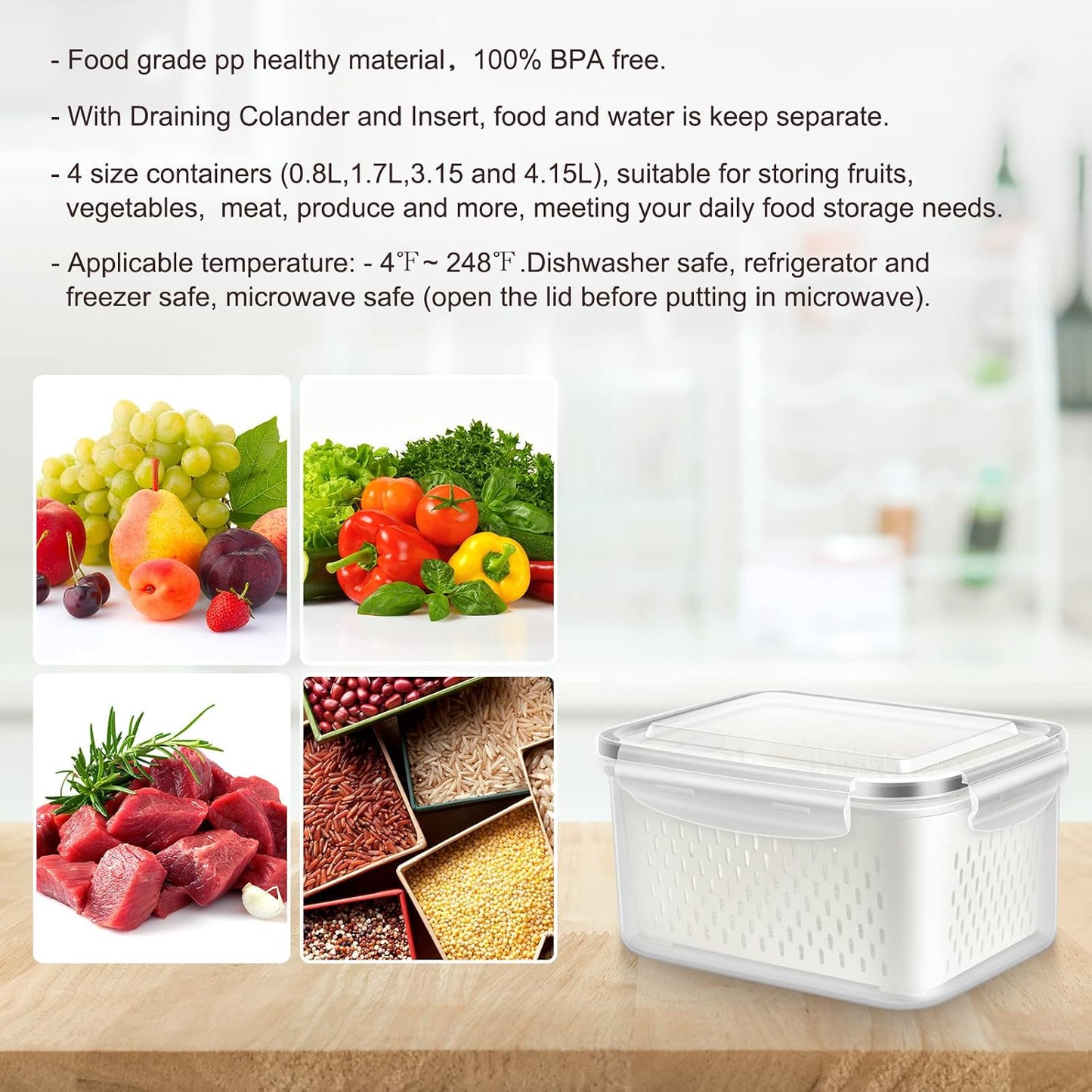 10 Pieces Fruit Storage Container for Fridge, 5 Pack Plastic Fruit Containers for Fridge with Removable Colander, Container for Fruit Berry Salad, BPA Free Kitchen Refrigerator Organizers