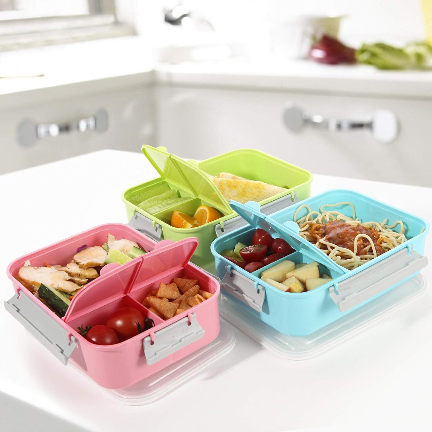 3 Pack Salad Lunch Box Food Storage Containers, 47oz Bento Box To Go Container with Lids, Reusable Meal Prep Containers with Removable Tray & Dressing Pots for Kids and Adults, Microwave Safe