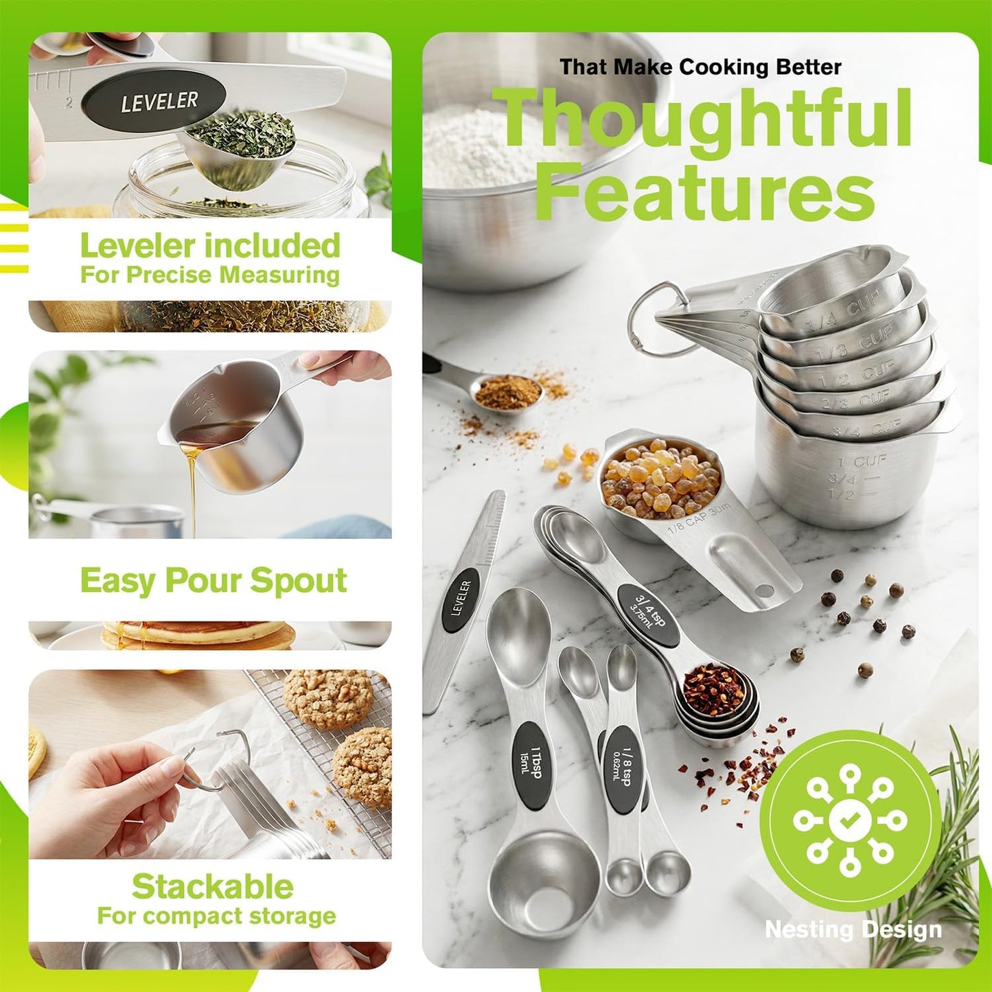 ChefAide Pack of 8 Stainless Steel Magnetic Measuring Spoons Set, Dual Sided, Stackable, Adjustable Teaspoon and Tablespoon Measure Spoon with Leveler, Kitchen Gadgets