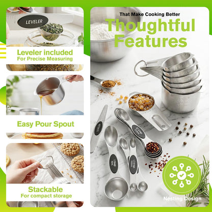 ChefAide Pack of 8 Stainless Steel Magnetic Measuring Spoons Set, Dual Sided, Stackable, Adjustable Teaspoon and Tablespoon Measure Spoon with Leveler, Kitchen Gadgets