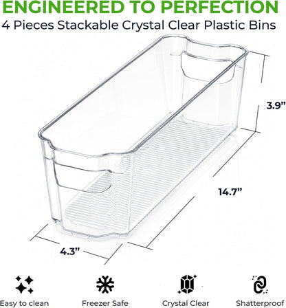 Zulay Kitchen 4 Pack Refrigerator Organizer Bins – Large Clear Fridge Storage Containers with Built-In Handles & Non-Slip Feet - Ideal Fridge Organizers, Kitchen Cabinets, Pantry Organization
