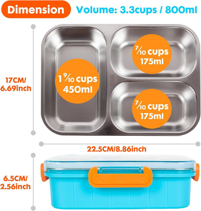 Stainless Steel Bento Lunch Box for Kids, 800ml/27oz BPA-Free Leak-Proof Food Containers with 3 Compartments, Freezer & Dishwasher Safe, Back to School Students Lunches Size for Ages 3-7