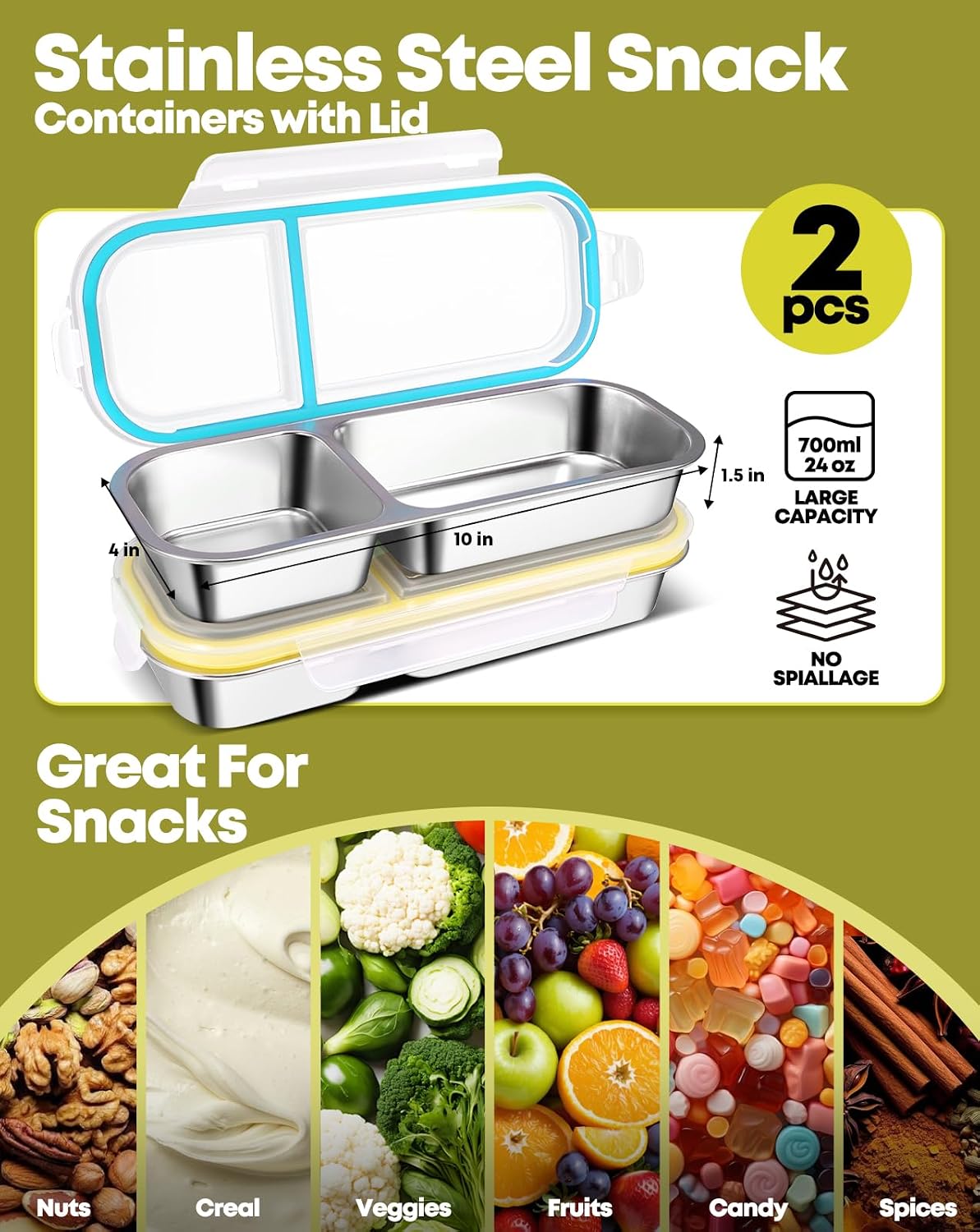 2Pack Stainless Steel Snack Containers for Kids Adults, Reusable 3 Compartment Snackle Box Container with Leakproof Lids Metal Bento Lunch Boxs Food Storage Containers for Travel Picnics Office School