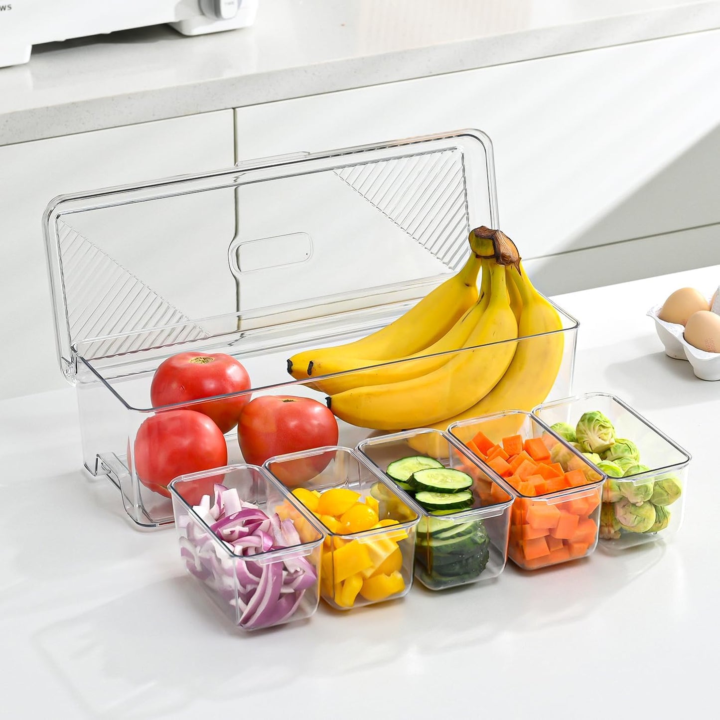 Large Chilled Condiment Caddy,Stackable Chilled Condiment Containers Server with Lids for 5 Removable Compartments (5 Containers, 1 pack)