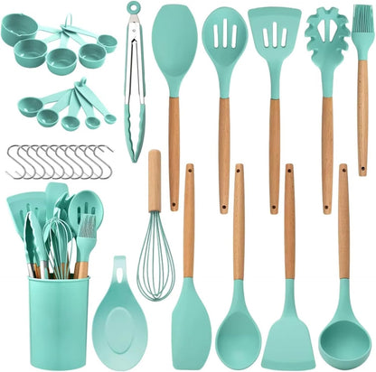 33-Piece Silicone Kitchen Cooking Utensils Set with Holder| Heat-Resistant | Non-Stick Cooking Utensils with Wooden Handles – BPA-Free Cookware Utensils set | Kitchen Tools Great for Gifting (GREEN)