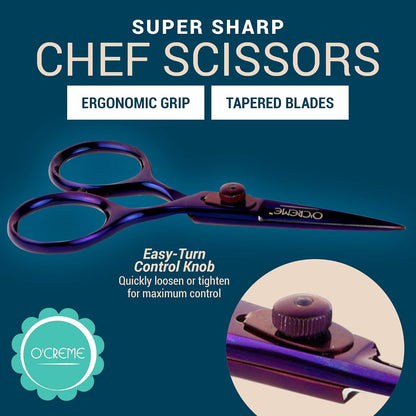 O'Creme Set of Culinary Tweezer Tongs Offset, Straight and Curved, Plus Super Sharp Chef Scissors, Total 6 Pieces (Rose Gold)