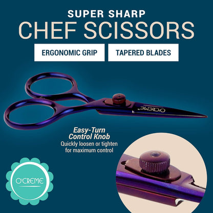 O'Creme Set of Culinary Tweezer Tongs Offset, Straight and Curved, Plus Super Sharp Chef Scissors, Total 6 Pieces (Rose Gold)