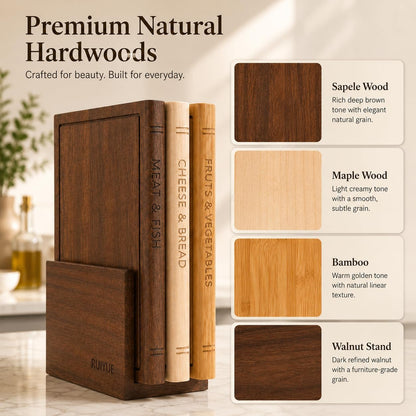 Book Shaped Cutting Board Set with Walnut Stand, 3 PCS Wooden Cutting Boards (13"x10"), Maple Sapele & Bamboo Charcuterie Serving Boards, Decorative Kitchen Decor Gift for Housewarming (1Set)