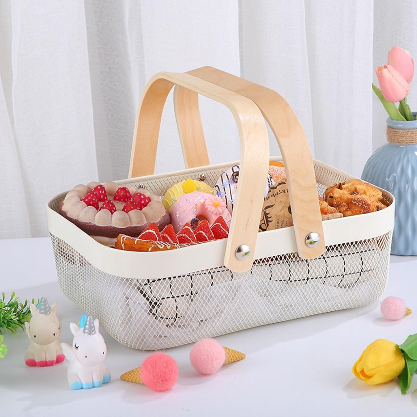 AJIODA Metal Mesh Steel Basket, Storage Organizer Basket Garden Harvest Basket Multi-functional Kitchen Fruit Baskets Bin with Wooden Handle for Bathroom Picnic Shopping Decor Cabinet Home, Pink
