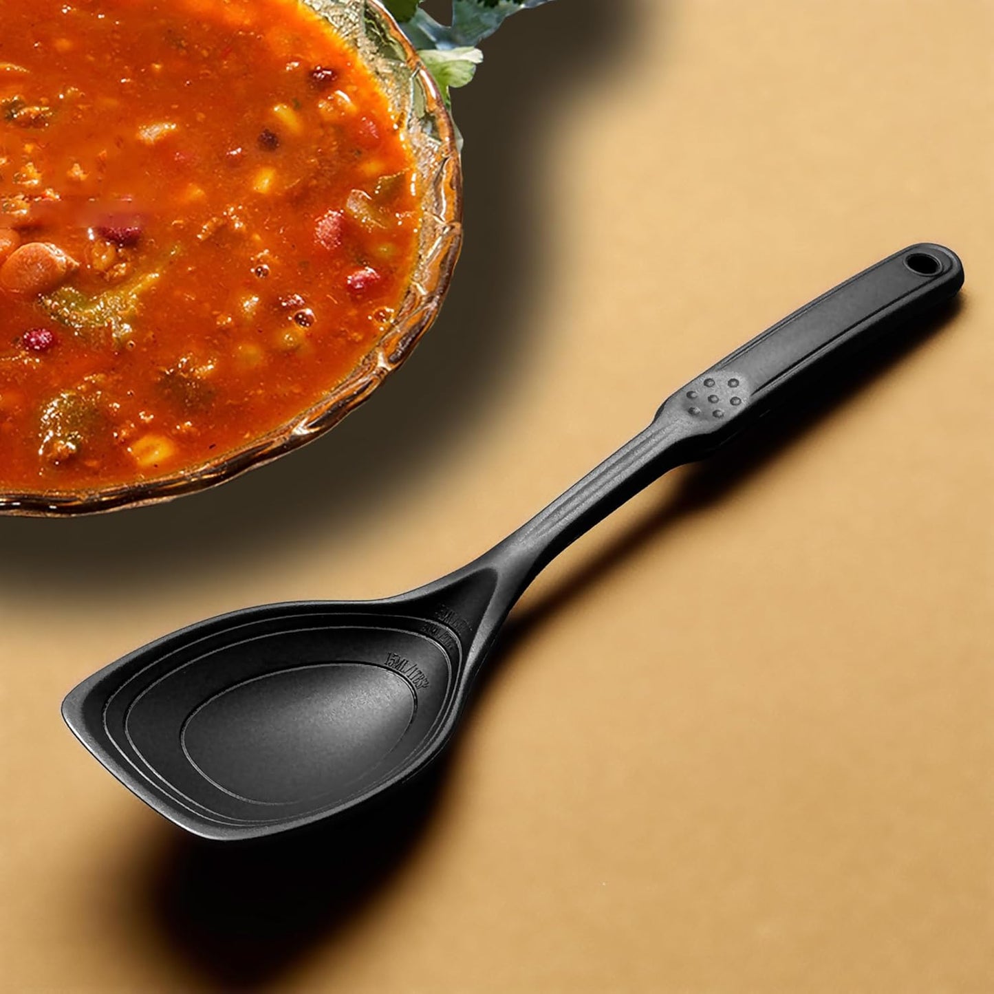 Large Silicone Cooking Spoon, Non-Stick Solid Spoon set with Deep Bolw and Measurement Mark for Mixing, Serving, Draining, Scooping, Scraping, Heat Resistant Kitchen Utensils, Black