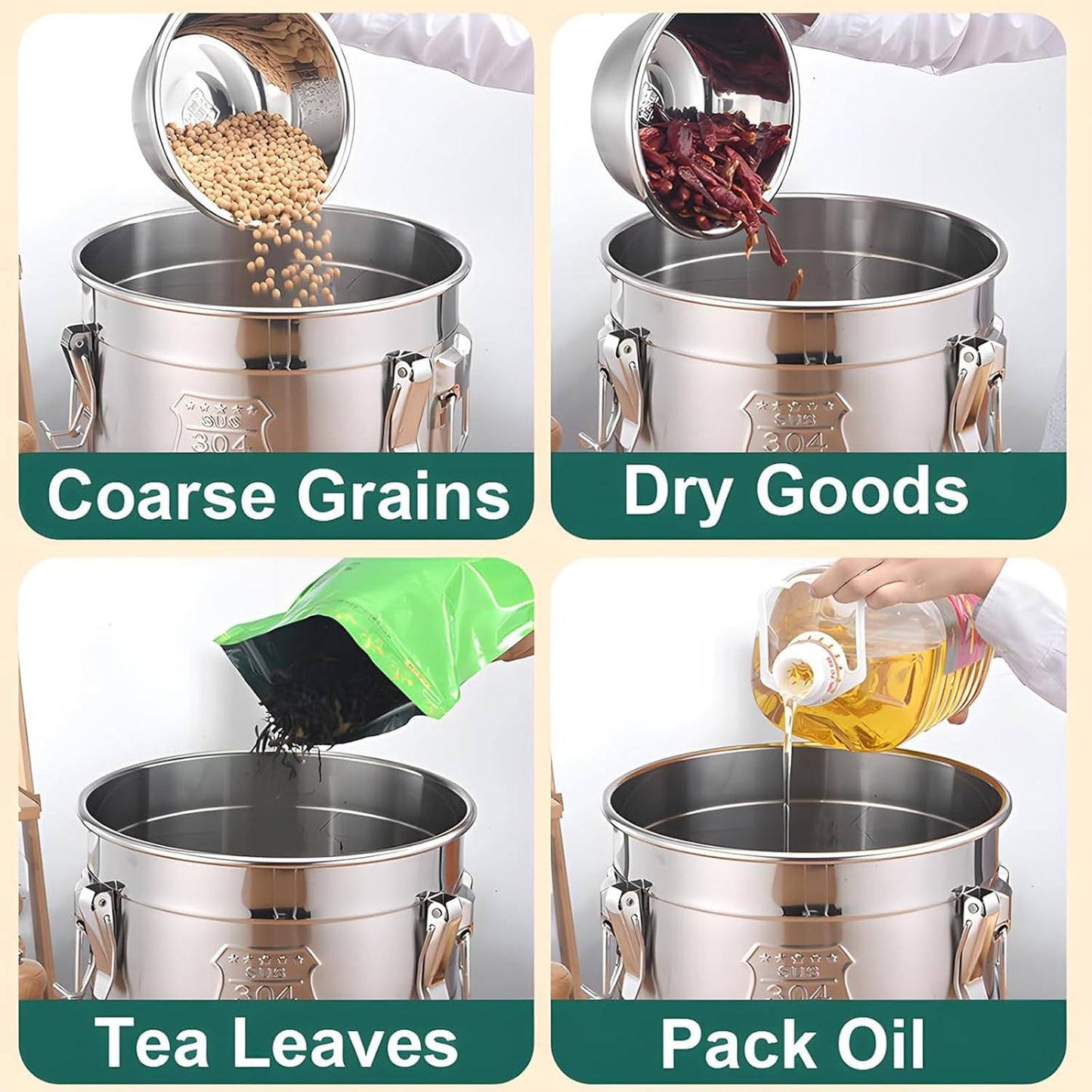 3.2Gal 304 Stainless Steel Kitchen Airtight Canister, 405oz Flour Container with Lid and Locking Clamp,10-21Lbs Metal Bucket Food Storage Container for Rice Flour Grain Coffee Bean(12L)