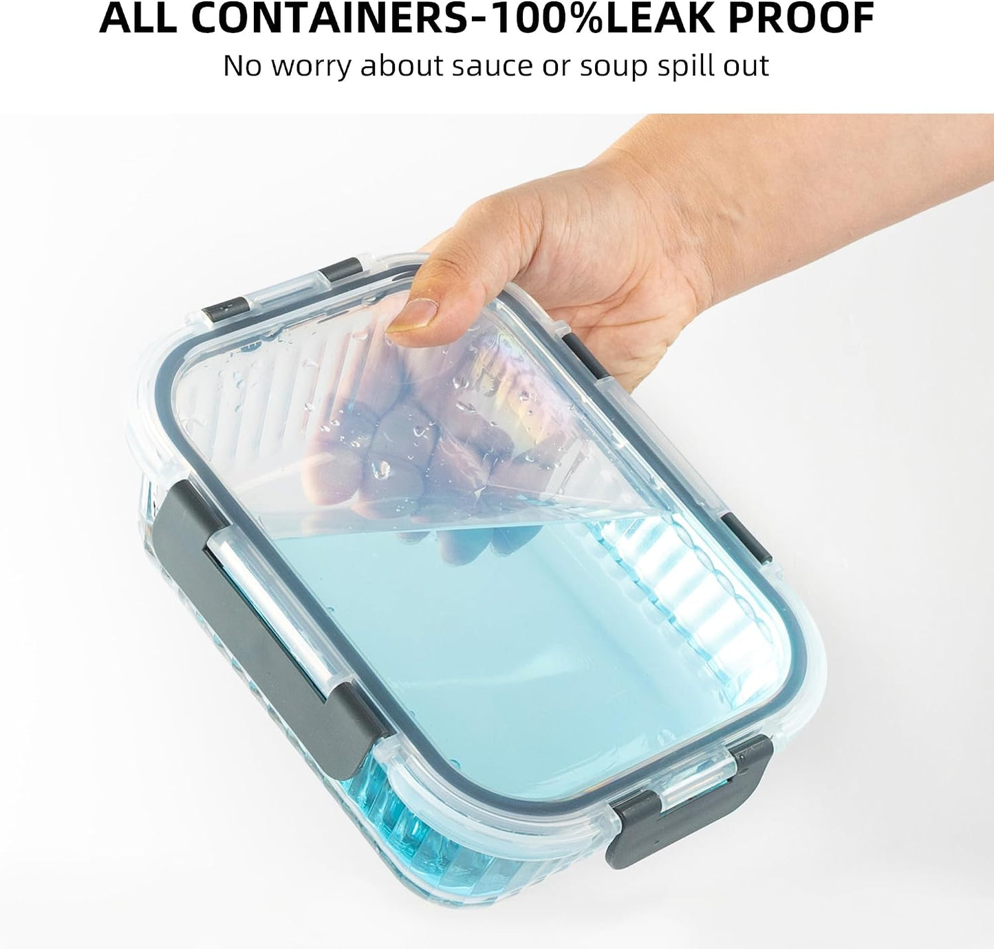 Meal Prep Containers Glass 10 Pack - Striped Food Storage Containers with Lids Airtight, 2 Sizes, Microwave Dishwasher Freezer Safe, Clear