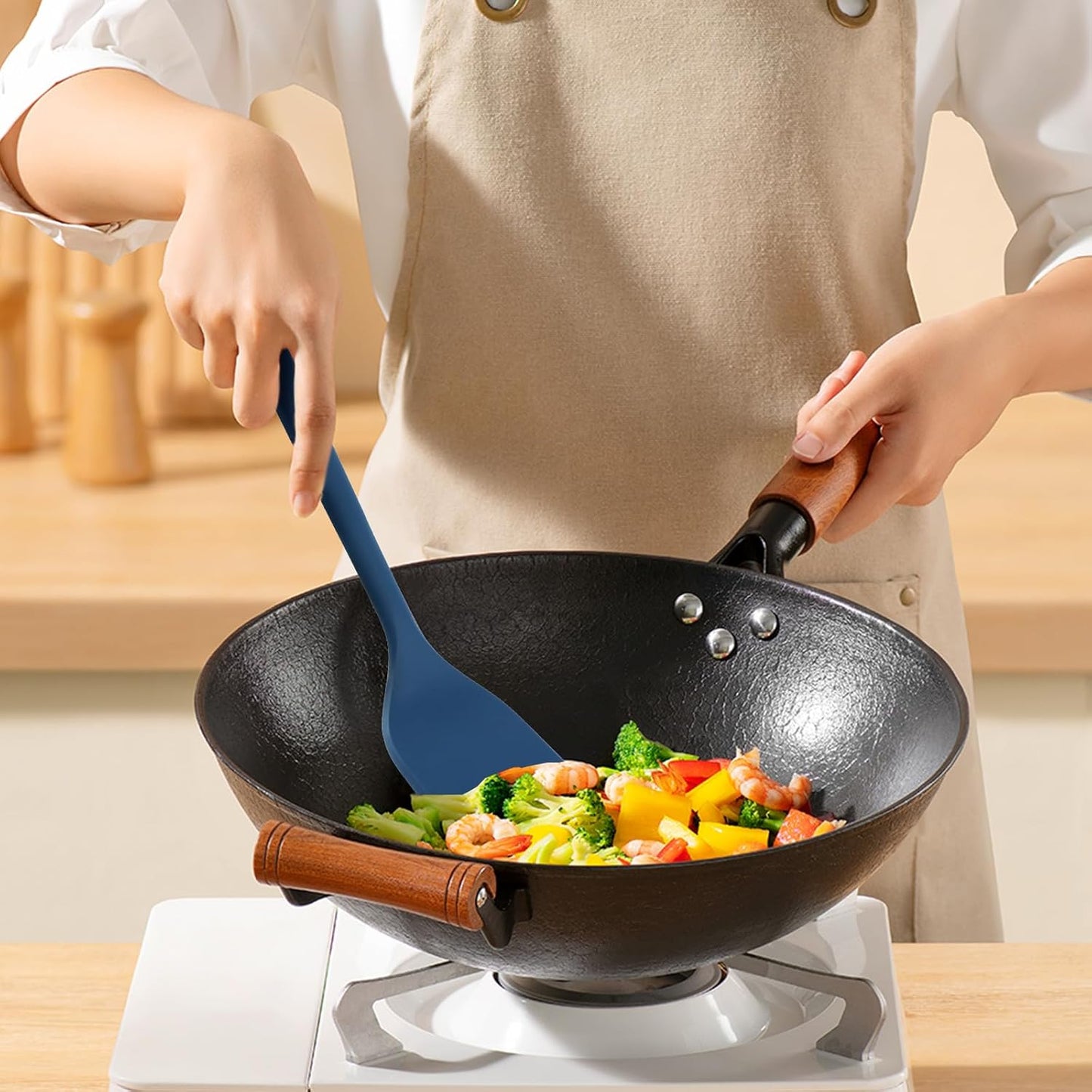 Silicone Kitchen Cooking Utensils Set: MOACC Heat Resistant 13inch Long Kitchen Gadgets, BPA Free Non Stick Rubber Cook Accessories For Food Prep, Frying, Serving, Basting (Light Grey)
