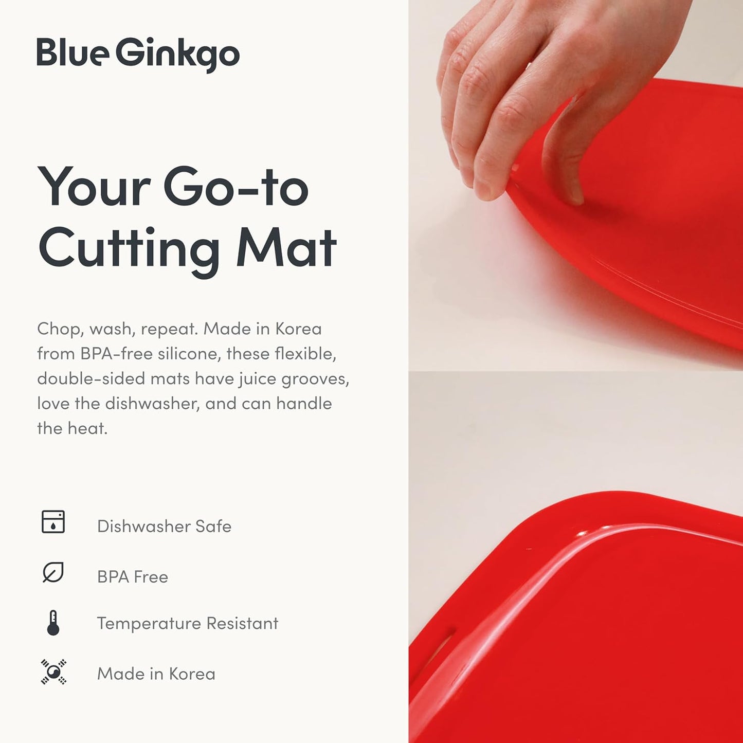 Blue Ginkgo Silicone Cutting Boards – Set of 3 (Small, Medium, Large) – Double-Sided, Thick, Flexible, Non-Slip, BPA Free – Juice Grooves, Dishwasher Safe (Made in Korea, Grey)