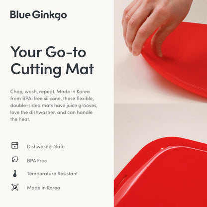 Blue Ginkgo Silicone Cutting Boards – Set of 3 (Small, Medium, Large) – Double-Sided, Thick, Flexible, Non-Slip, BPA Free – Juice Grooves, Dishwasher Safe (Made in Korea, Grey)