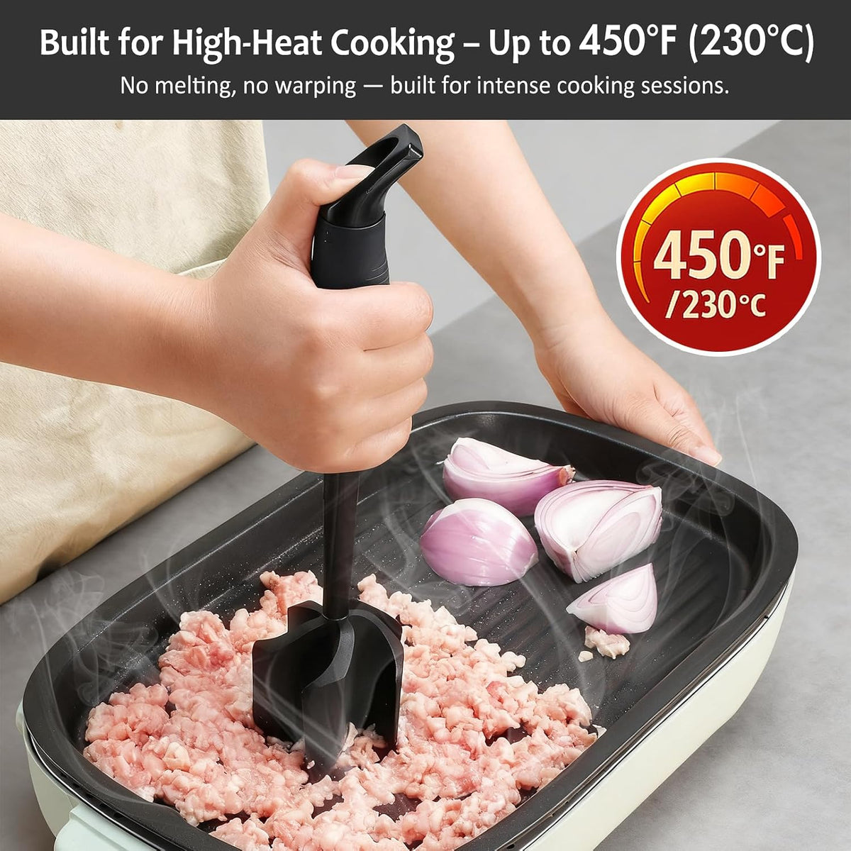 Ourokhome Meat Chopper and Potato Masher, Heat Resistant Nylon Ground Beef Smasher for Hamburger, 5 Curved Blades Nonstick Safe Mixer & Stirrer, Practical Kitchen Gadgets, Mint