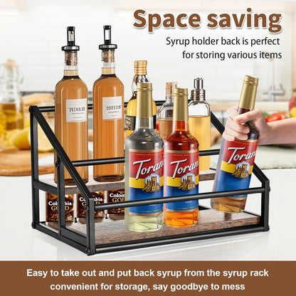 YQBRAO Coffee Syrup Rack Organizer,Liquor Bottle Display Shelf,2-Tier 4 Bottle Stand for Coffee Bar, Kitchen Station, Liquor, Wine, Dressing,Rustic Brown