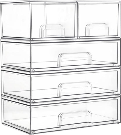 Vtopmart Stackable Storage Drawers Set of 5, Clear Plastic Organizer Bins for Baby Bottle, Beauty Supplies Storage, Ideal for Kichen Countertop, Vanity, Bathroom, Cabinet, Pantry Organization