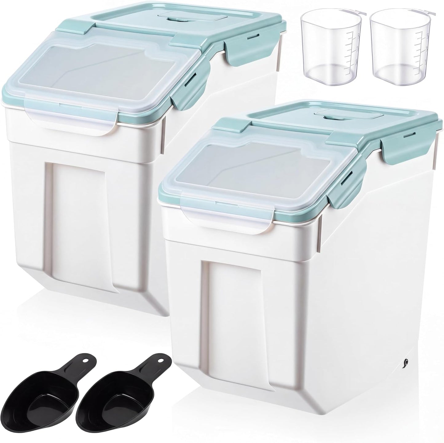 Sunnyray 4 Pcs 55 lbs Grain Rice Storage Container Flour Bin with Wheels Cup Leak Proof Pet Food Storage Boxes Seal Locking Lid Plastic Rice Containers Set for Cereal Flour Cat Dog Food (Green)