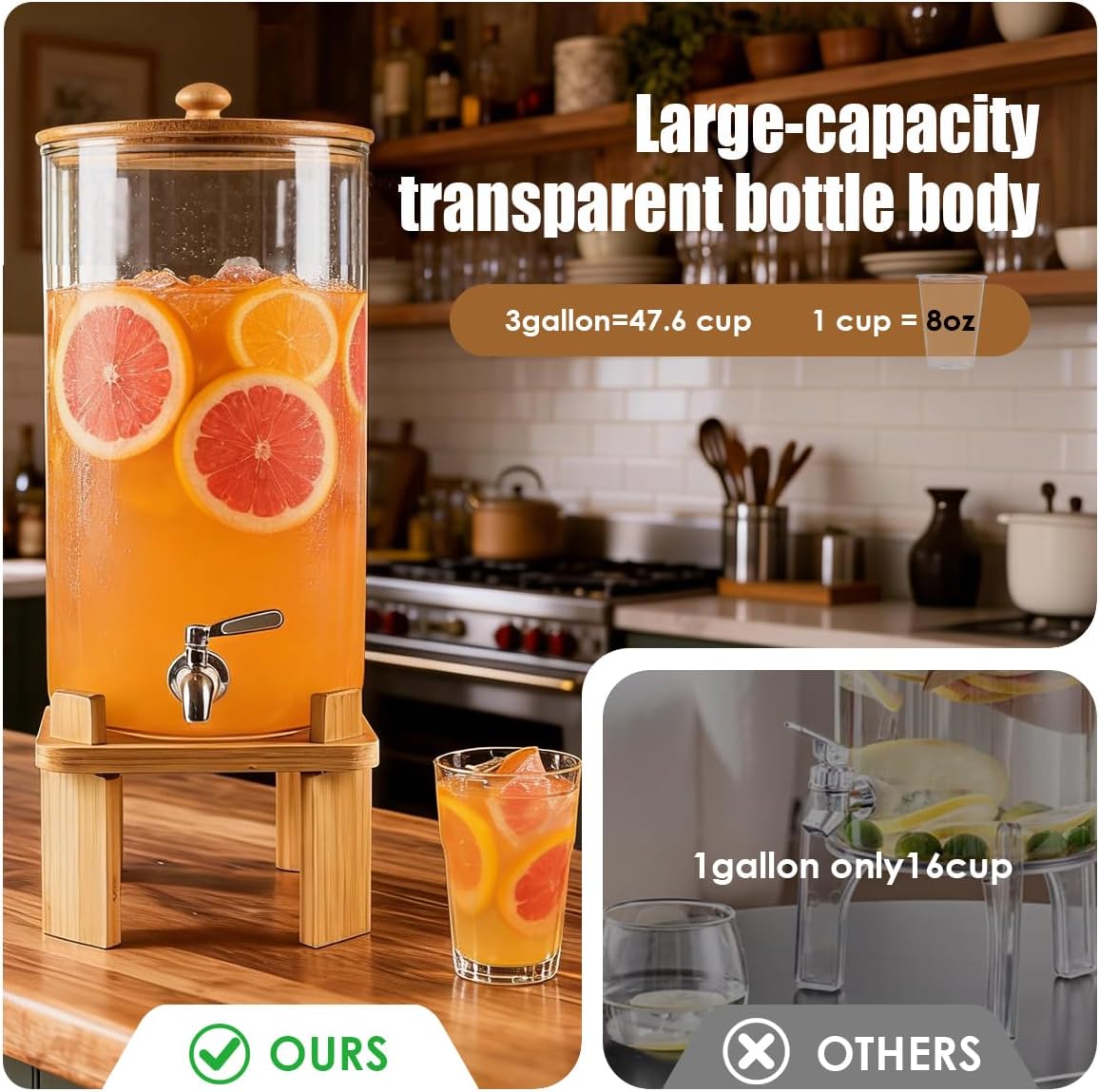 2.3 Gallon Large Glass Drink Dispenser for Parties, Glass Beverage Dispenser with Wood Stand, Juice & Lemonade Dispenser, Iced Beverage Dispenser with Spigot, Water Dispenser for Party with lid