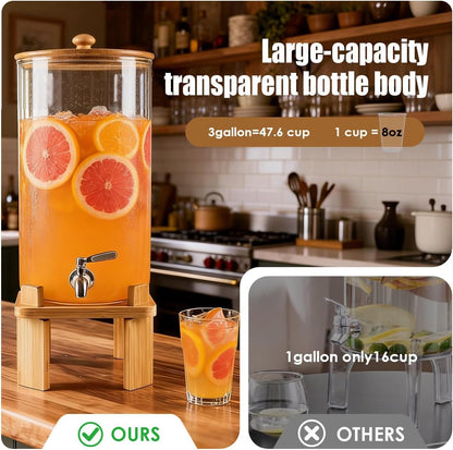 2.3 Gallon Large Glass Drink Dispenser for Parties, Glass Beverage Dispenser with Wood Stand, Juice & Lemonade Dispenser, Iced Beverage Dispenser with Spigot, Water Dispenser for Party with lid