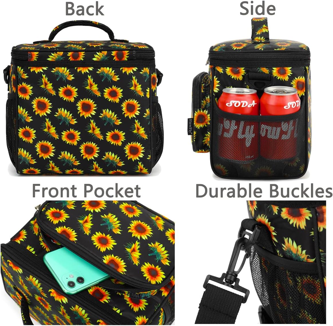 FlowFly Insulated Reusable Lunch Bag Adult Large Lunch Box for Women and Men with Adjustable Shoulder Strap,Front Zipper Pocket and Dual Large Mesh Side Pockets,Cherry - Colors B