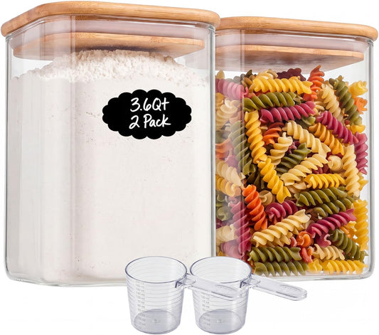 2-Pack 3.4Qt Large Glass Flour Sugar Storage Containers with Lids | Wide Mouth Design, With Measuring Cups, Minimalist Kitchen Organizer,Scandinavian Style Storage,Nordic Style Storage