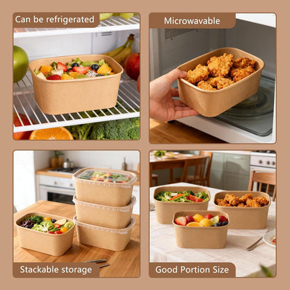 50 Sets 25oz Disposable Kraft Paper Bowls with Lids, Rectangle