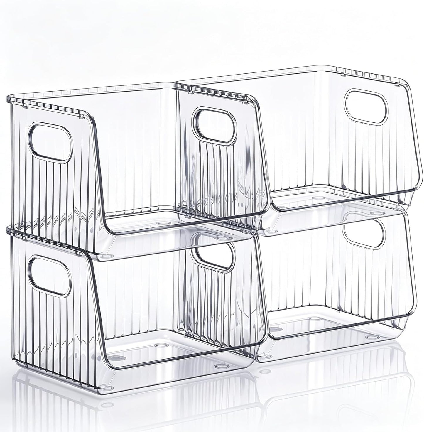 Novabright 4 Pcs Clear Plastic Storage Bins Stackable Pantry Storage Organizer Kitchen Cabinet Organizers Ideal Containers for Coffee Pod Tea Sugar Bag Office Fridge Caddy