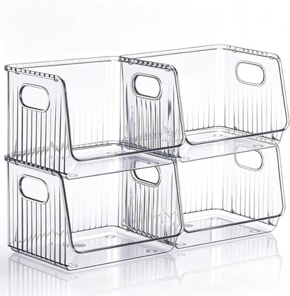 Novabright 4 Pcs Clear Plastic Storage Bins Stackable Pantry Storage Organizer Kitchen Cabinet Organizers Ideal Containers for Coffee Pod Tea Sugar Bag Office Fridge Caddy