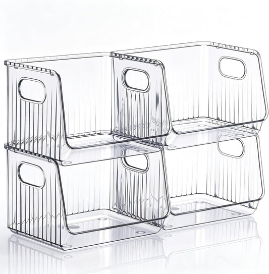 Novabright 4 Pcs Clear Plastic Storage Bins Stackable Pantry Storage Organizer Kitchen Cabinet Organizers Ideal Containers for Coffee Pod Tea Sugar Bag Office Fridge Caddy