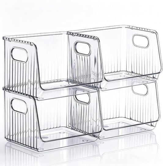 Novabright 4 Pcs Clear Plastic Storage Bins Stackable Pantry Storage Organizer Kitchen Cabinet Organizers Ideal Containers for Coffee Pod Tea Sugar Bag Office Fridge Caddy