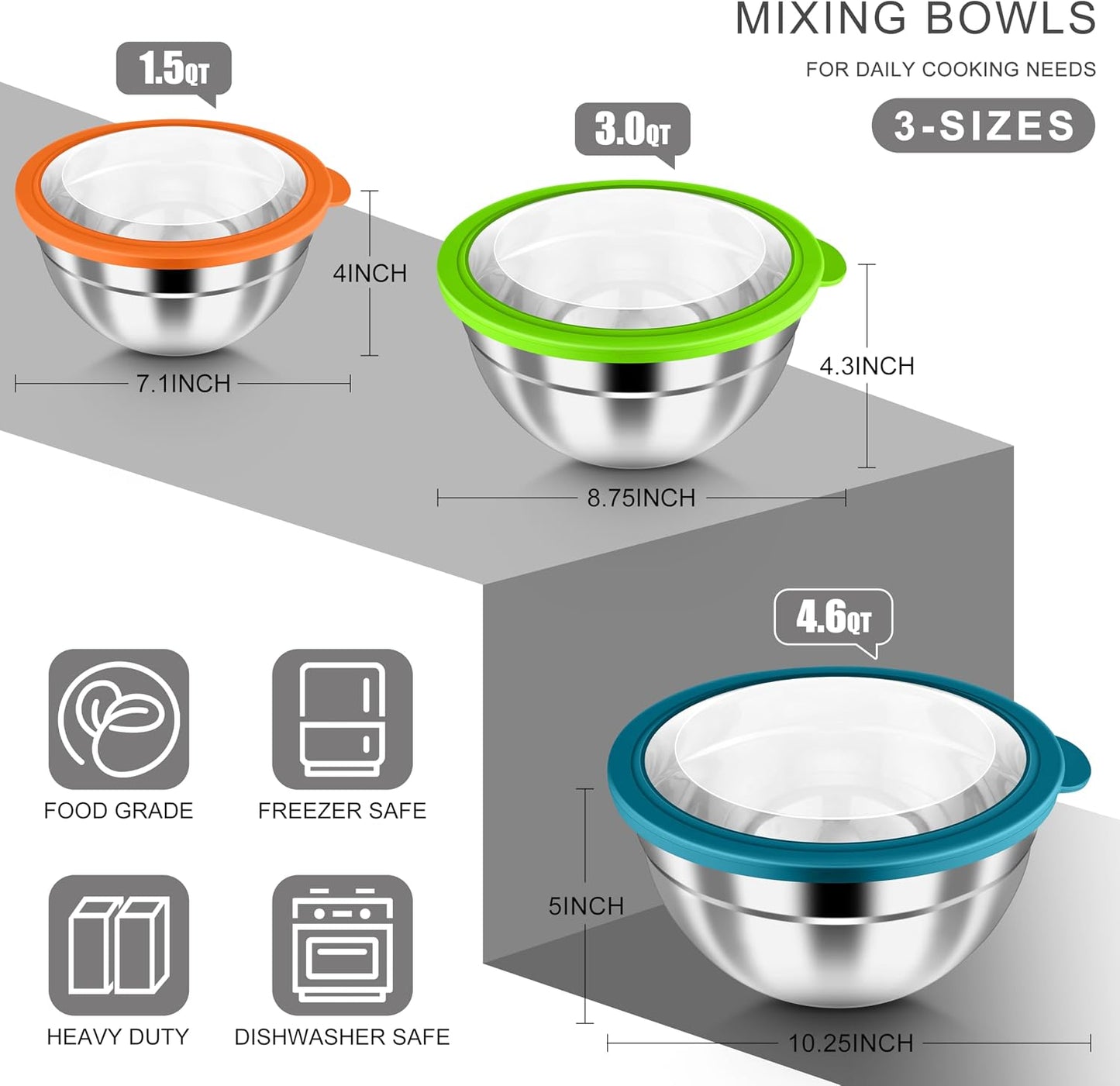 HaWare Mixing Bowls with Airtight Clear Lids, 6-Piece Stainless Steel Strong Nesting Bowls Set, Metal Salad Bowl for Cooking, Prepping, Baking, Serving & Food Storage, Size 4.6, 3, 1.5QT, Khaki