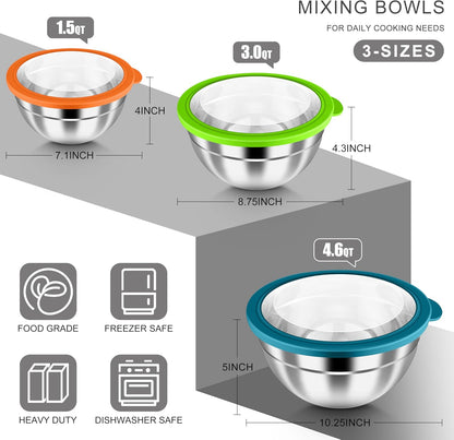 HaWare Mixing Bowls with Airtight Clear Lids, 6-Piece Stainless Steel Strong Nesting Bowls Set, Metal Salad Bowl for Cooking, Prepping, Baking, Serving & Food Storage, Size 4.6, 3, 1.5QT, Khaki