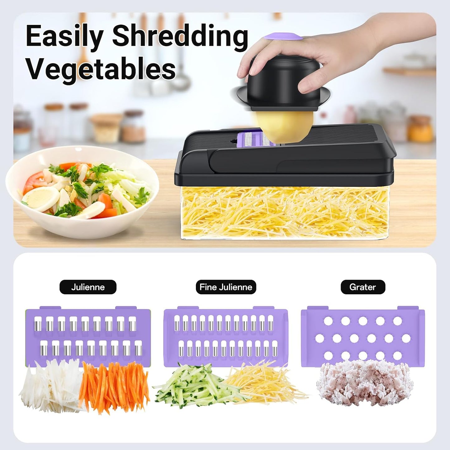SpaceHacks 12-in-1 Vegetable Chopper, Kitchen Gadgets with 7 Blades, Veggie, Food, Onion Chopper, Cucumber Slicer, Versatile Mandoline, Includes Egg Separator & Finger Guard, Gray