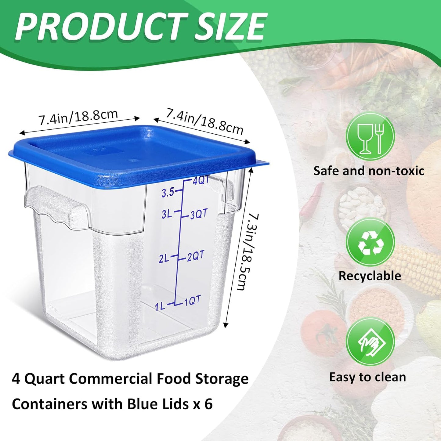Yungyan 6 Pcs Commercial Clear Food Storage Containers 4 Qt Square Acrylic Airtight Food Storage Containers with Lids for Kitchen Restaurant Pantry Freezer Flour Sugar(Red)