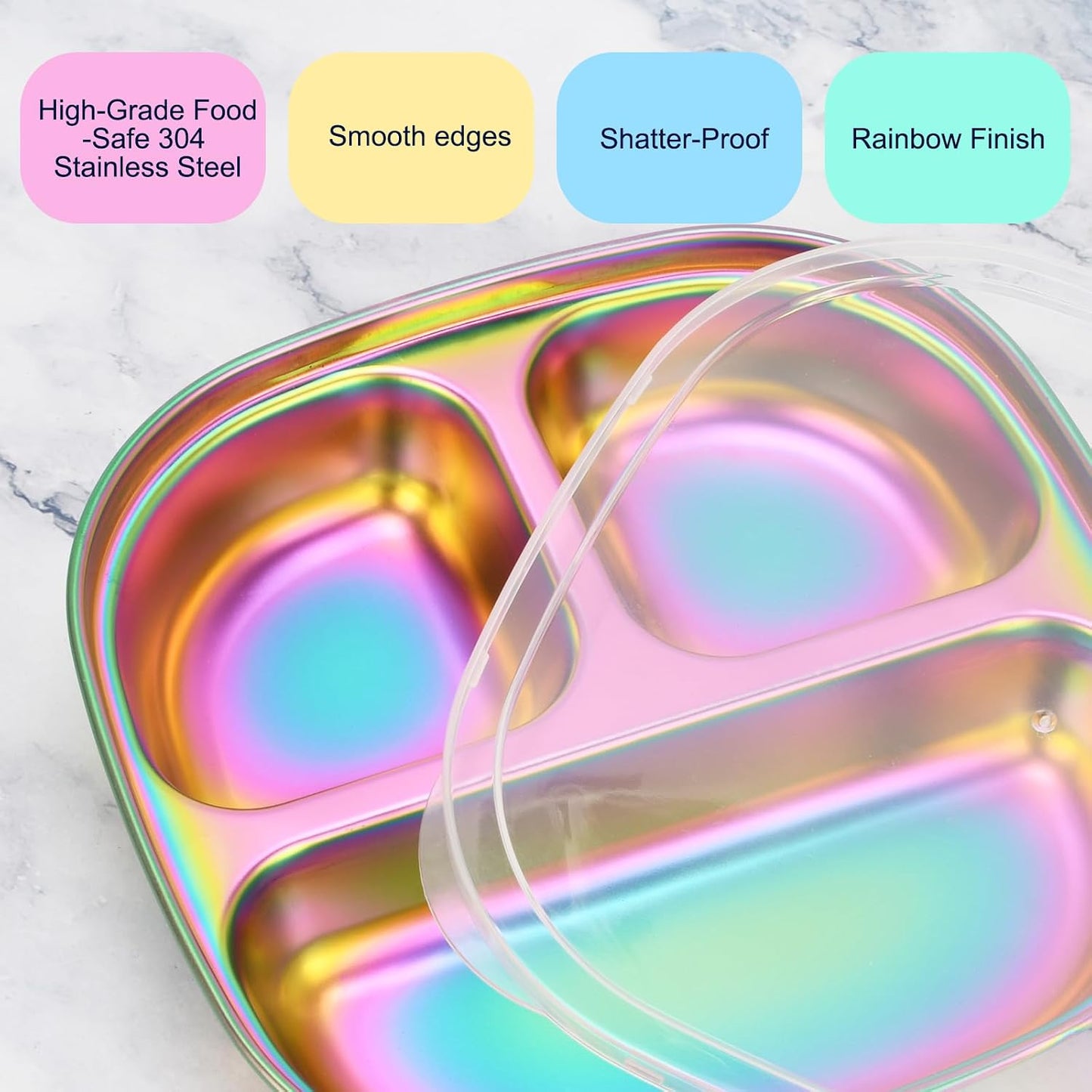 4-Pack Stainless Steel Divided Plates with Lids –Portion Control Meal Trays for Balanced Meals – BPA-Free, Shatterproof, Dishwasher Safe – Ideal for Home, Travel, School (Colorful-3-Section)