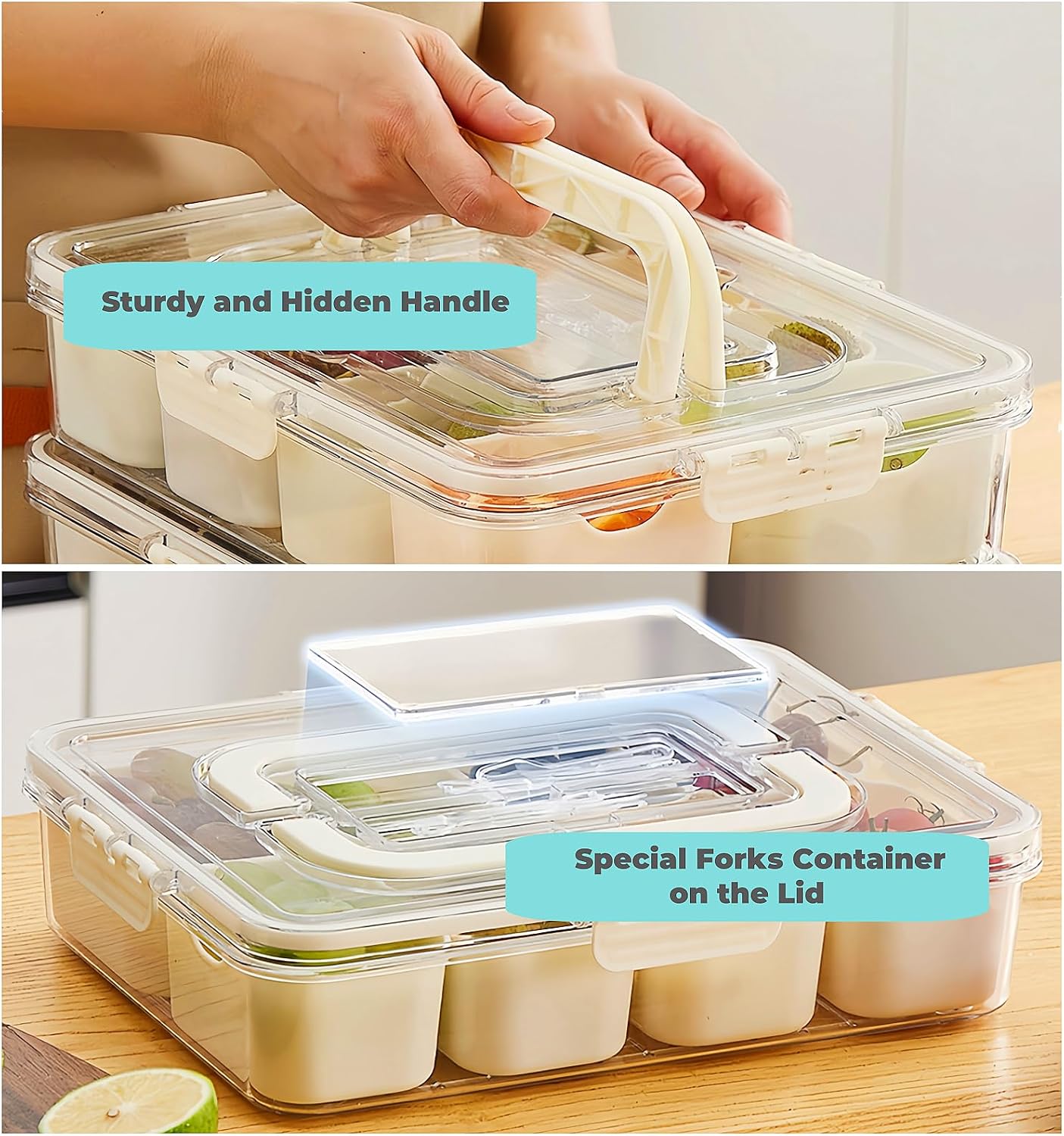 Divided Serving Tray with Lid and Handle, Snackle Box Container Portable Snack Platters with 7 Compartments & Forks, Ice Chilled Organizer for Fruits, Veggies, Salad, Perfect for Entertaining,Picnic