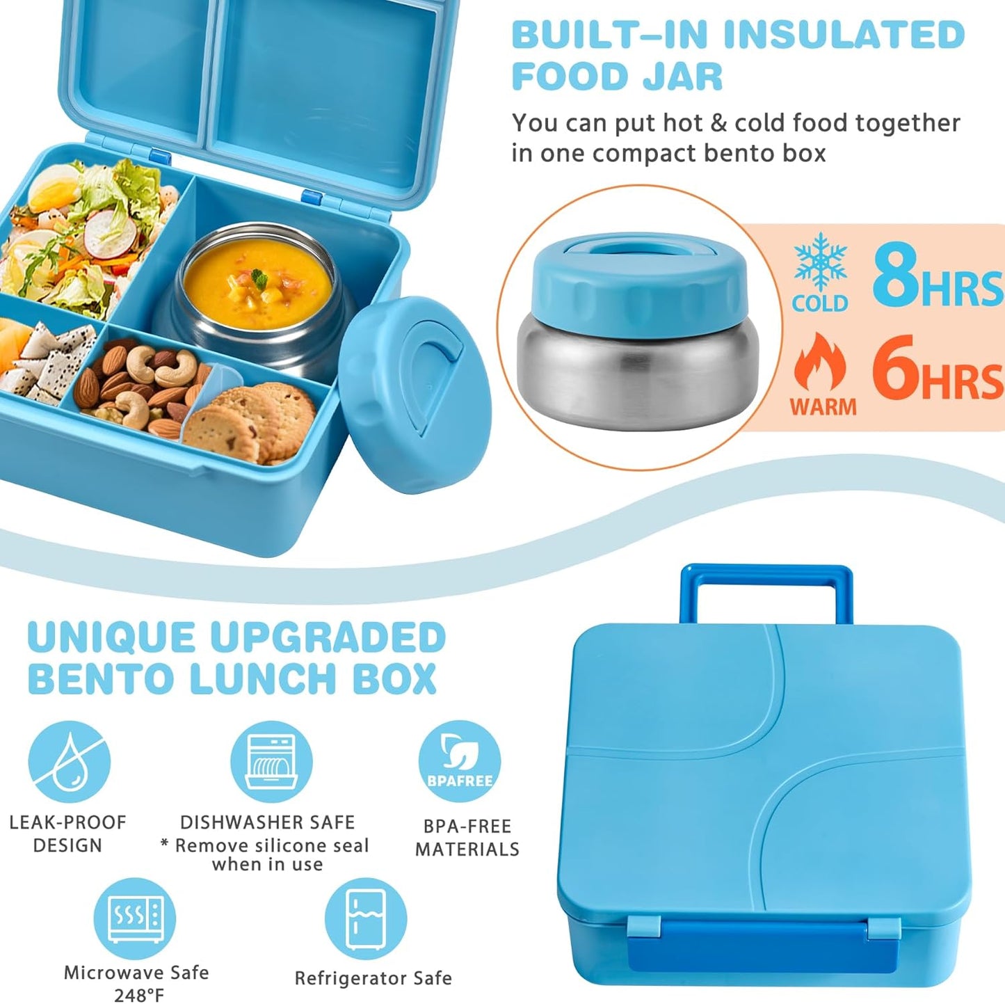 Bento Lunch Box with 9.5 oz Soup Thermo, Kids Leakproof 4 Compartments Bento Box with Silicone Cupcake,Fruit Fork,Spoon and Sauce Cup,Insulated Food Jar for School Travel-Black