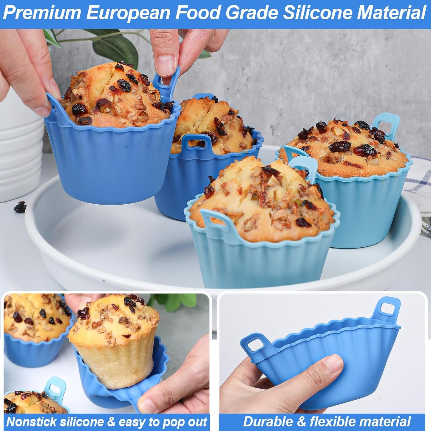 Koluti Nonstick Silicone Muffin Baking Cups Pack of 12, Reusable Cupcake Molds with Double Handle, BPA Free, Mini Round Air Fryer Cupcakes Liner, 3 Colors