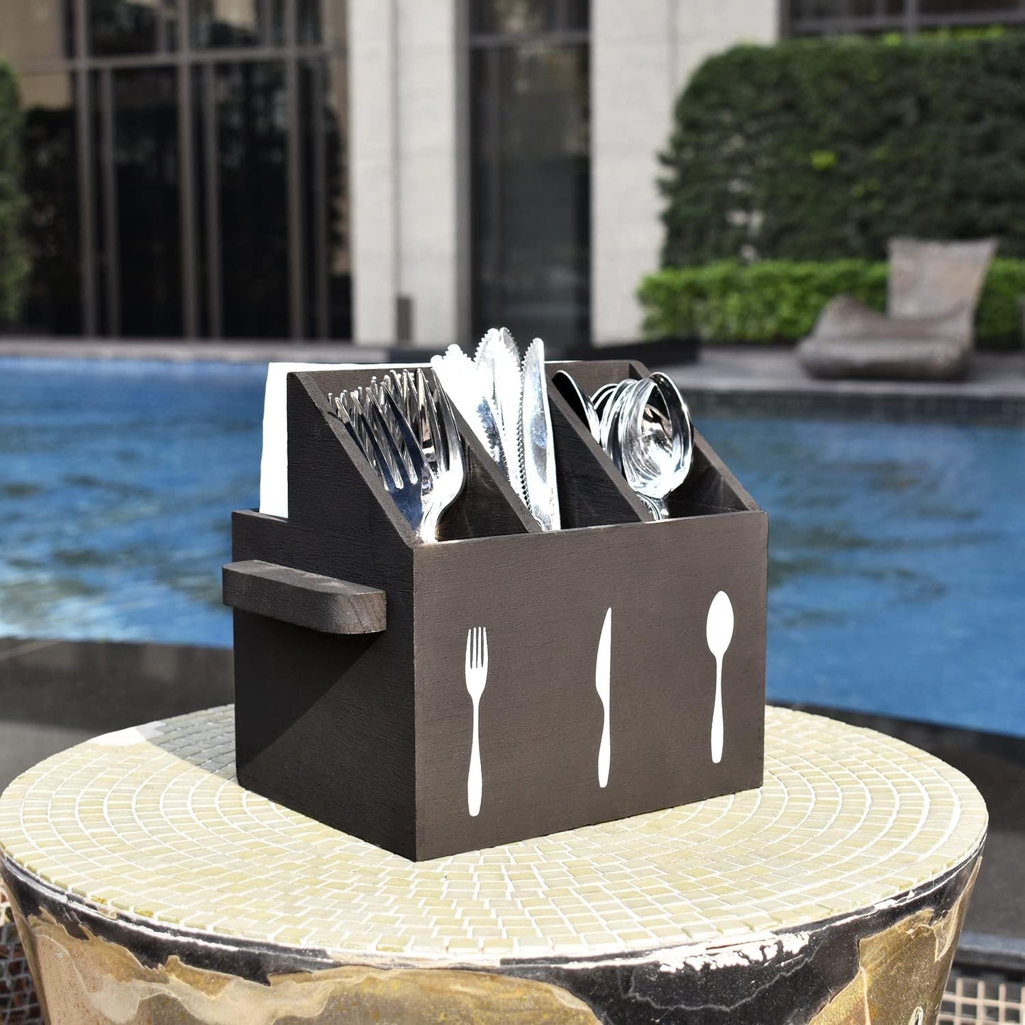 Ikee Design Wooden Utensil Caddy with Handles, Silverware Caddy, Silverware Holder for Countertop,Party,Camping and Kitchen, Silverware Organizer, Picnic Cutlery Holders, White Color