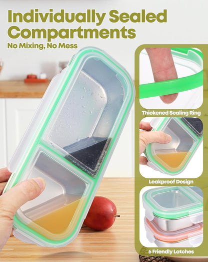 2Pack Stainless Steel Snack Containers for Kids Adults, Reusable 3 Compartment Snackle Box Container with Leakproof Lids Metal Bento Lunch Boxs Food Storage Containers for Travel Picnics Office School