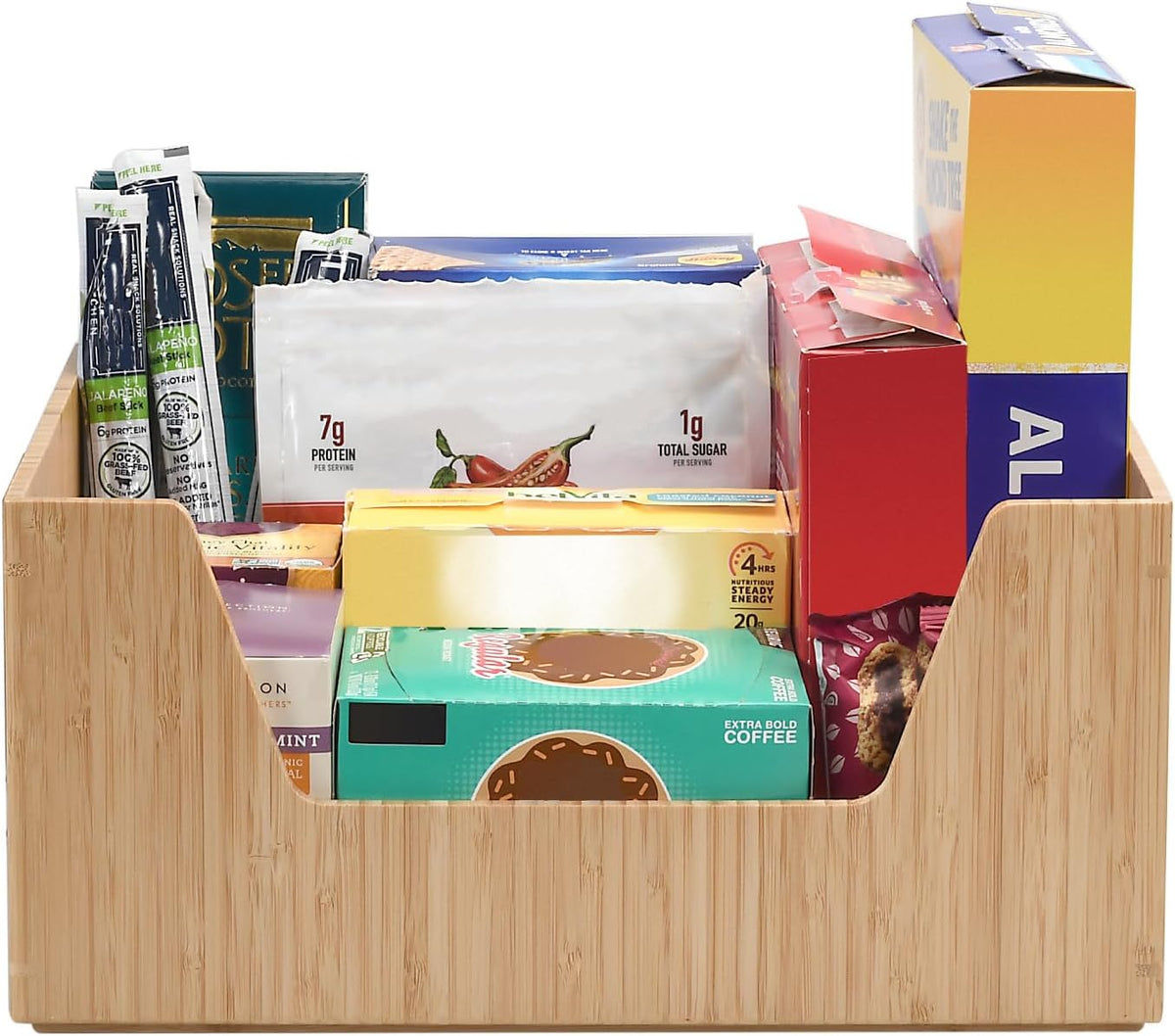 Bamboo Storage Box with Open Front Stackable Bin Organizer to use in kitchen pantries, cabinets and countertops, 14 x 11 x 6.5 inches