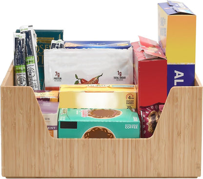 Bamboo Storage Box with Open Front Stackable Bin Organizer to use in kitchen pantries, cabinets and countertops, 14 x 11 x 6.5 inches