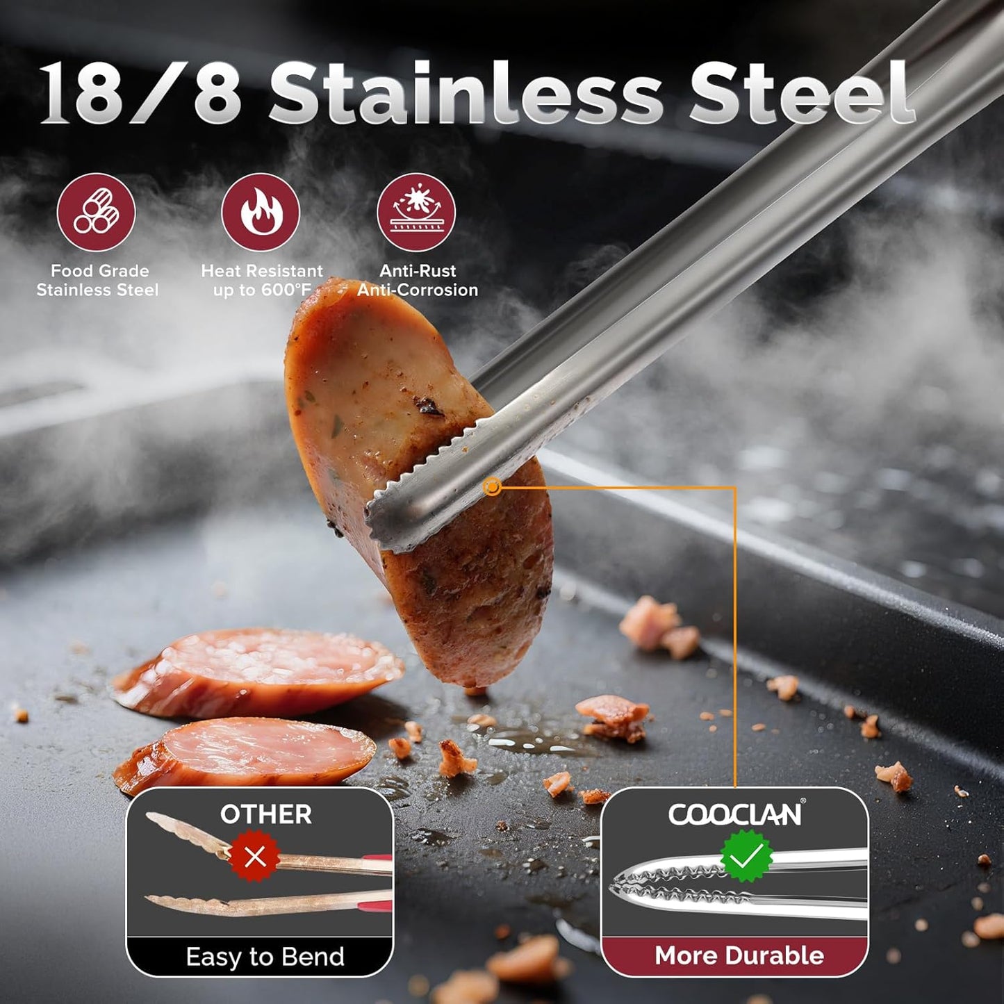 Precision Serrated Non-Slip Tips Cooking Tongs 2 Set (11.5" & 13.5"), 18/8 Stainless Steel Metal Tong, Light but Durable, Easily Control Kitchen Tweezer Tongs for Frying, Plating, BBQ