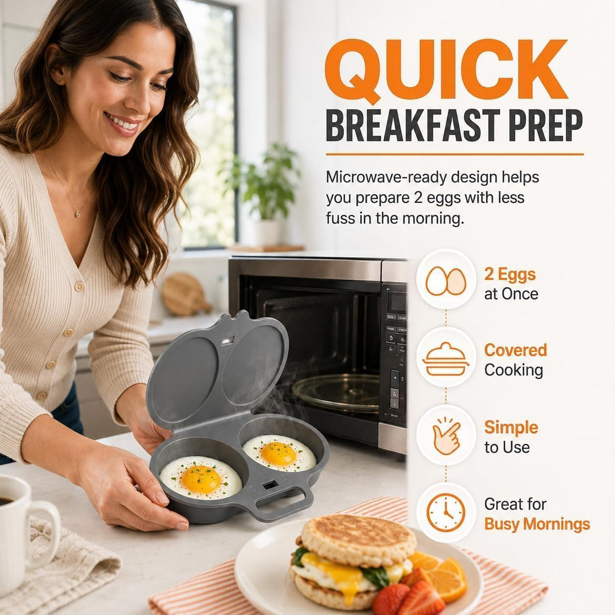 2Pcs Dual Cavity Microwave Egg Poacher With Lid & Handle,Dark grey