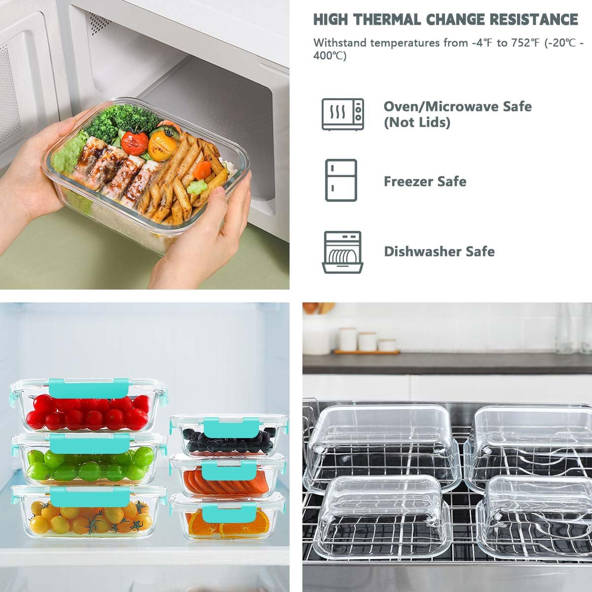 KAMOTA Glass Food Storage Containers, 10 Pack Glass Meal Prep Containers, Airtight Containers with Snap-Lock Lids, 34 oz and 13 oz white Container Set with Lids, for Microwave/Oven/Freezer